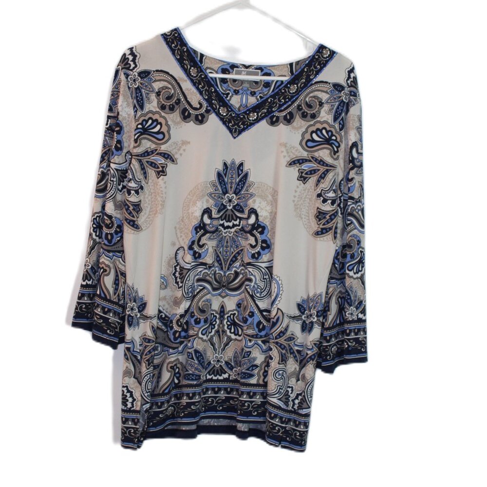 JM Collection Blouse 3/4" Sleeve Blue Cream White Size L Artsy - Picture 1 of 8